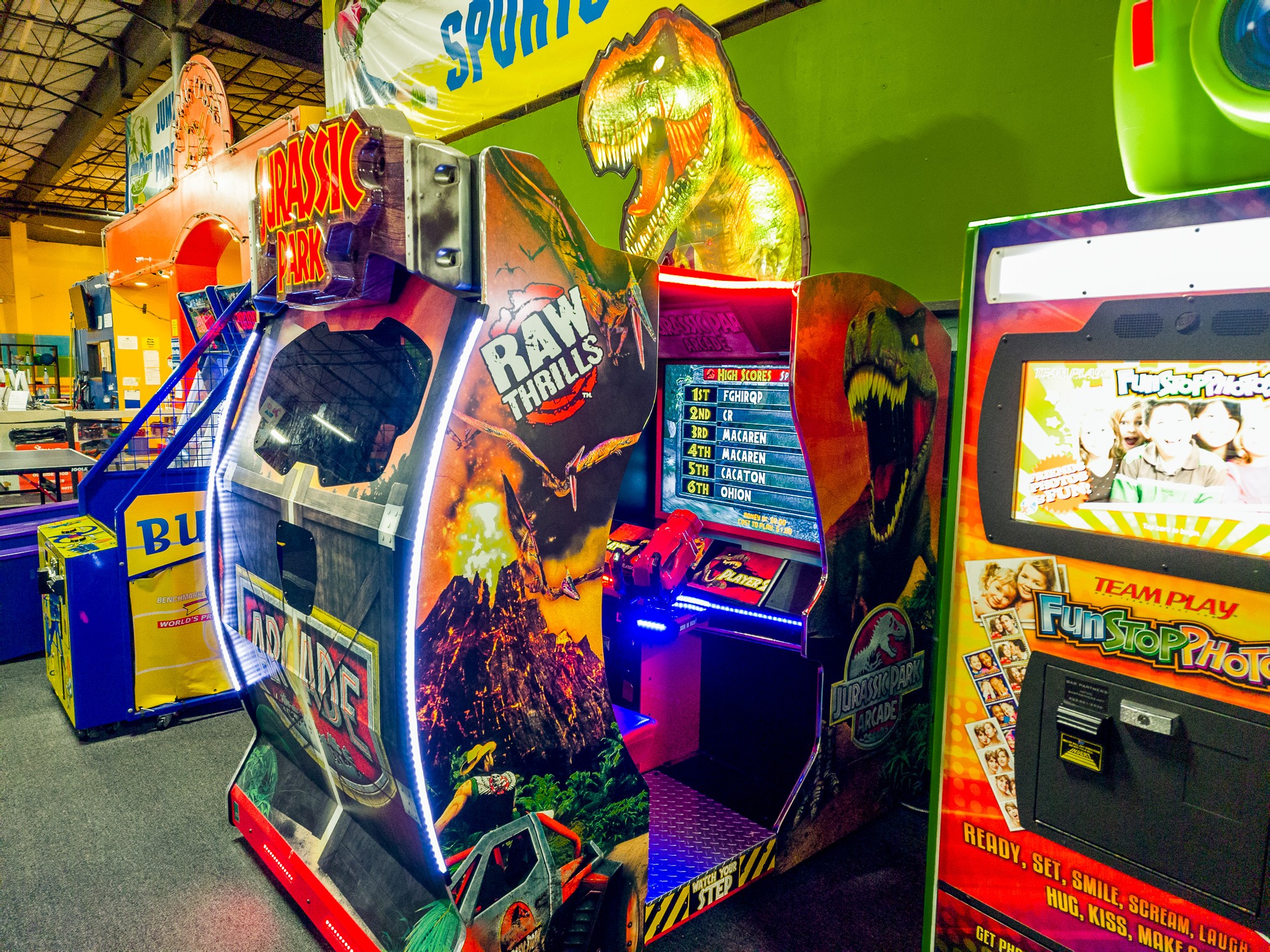 Jump Party USA has an arcade gaming area with games like Jurassic Park Shooter Arcade for kids and adults to have a blast
