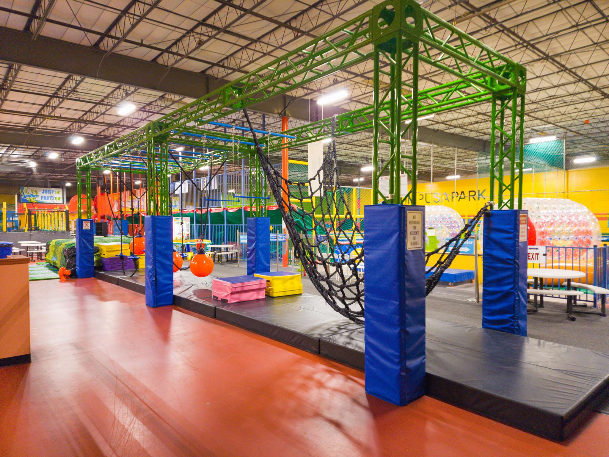 Jump Party USA has a Ninja Warrior Obstacle Course. Nets and Swings for adults and kids seeking a challenge