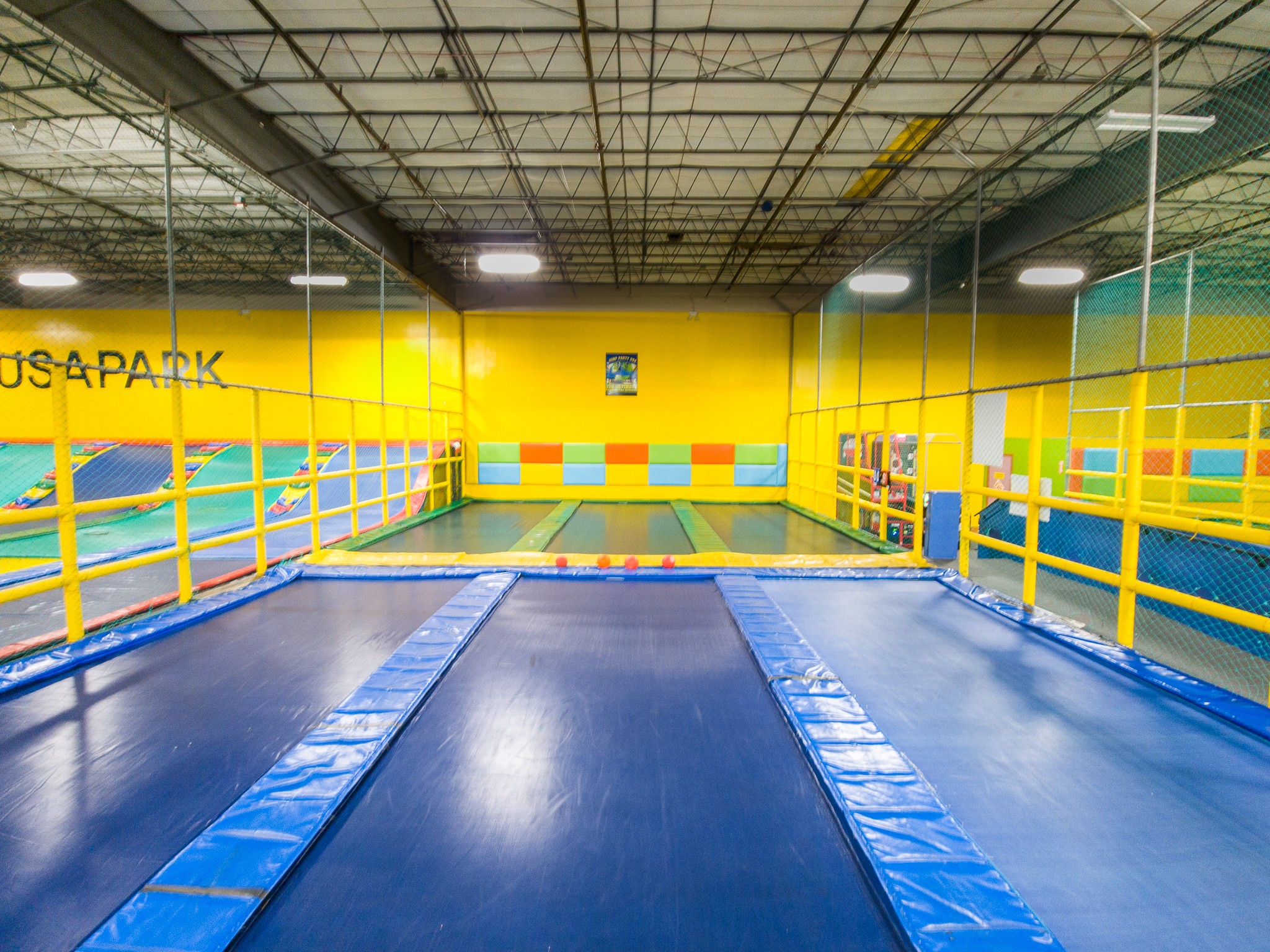 Jump Party USA has two Dodge Ball courts. Each Dodge ball court is made up of six smaller trampolines and surrounded with netting to keep the balls from flying out of the field. Perfect place for a college club social